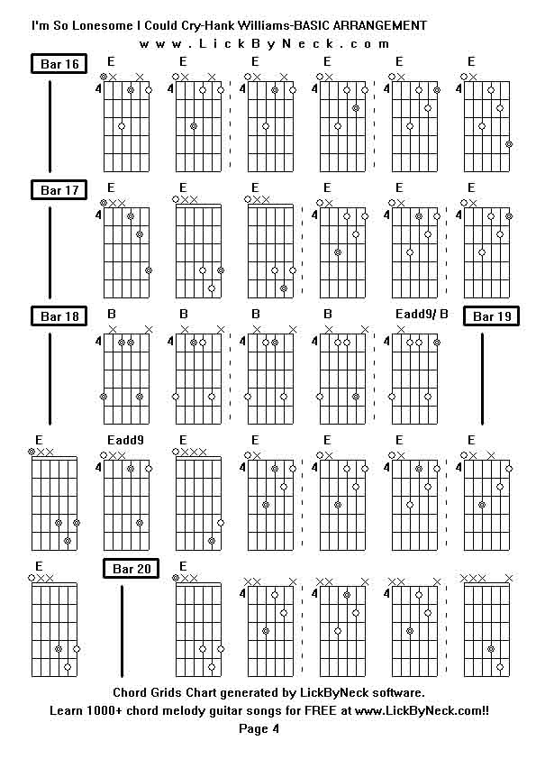 Chord Grids Chart of chord melody fingerstyle guitar song-I'm So Lonesome I Could Cry-Hank Williams-BASIC ARRANGEMENT,generated by LickByNeck software.